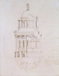 Elevação, corte transversal e plano de um batistério não realizado para a Catedral de São Paulo, c.1711-12 (caneta e tinta no papel) de Nicholas Hawksmoor