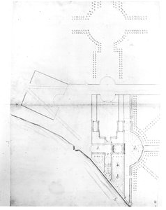 Plano de local do esquema I, Hampton Court, 1689 (caneta e tinta sobre papel) de Nicholas Hawksmoor