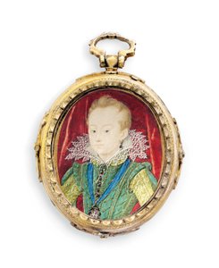 Rei Carlos I quando duque de York, quando menino (pergaminho em moldura de metal dourado posterior) de Nicholas Hilliard