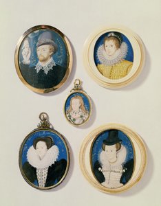 Miniaturas, de L a R, T a B: Homem com uma mão de uma nuvem; Jovem Desconhecido, 1588; Holland, de 26 anos de idade, 1593; Arabella Stuart, Duquesa de Lennox; Senhora Desconhecida de Nicholas Hilliard
