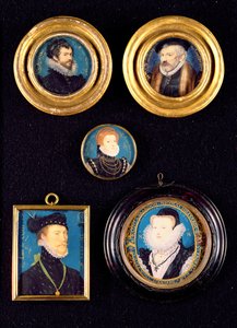 Miniaturas do pai e da mãe de Hilliard, auto-retrato e retratos desconhecidos de homem e mulher