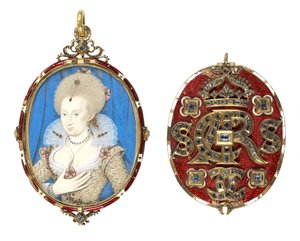 Miniatura de retrato da Rainha Ana da Dinamarca (1574-1619) com capa de joalharia, c.1611 (wc de velino, moldura de ouro esmaltado com diamantes de mesa) (ver também 69710)
