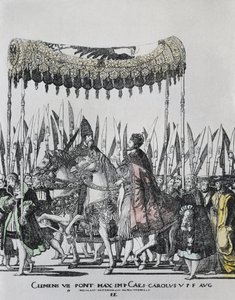 HOGENBERG, Nicolas (1500-1539). A Coroação de Carlos V em Bolonha. CHARLES V (1500-1558). Santo Imperador Romano (1519-1556) e Rei de Espanha (1516-1556), como Carlos I.; CLEMENTE VII (1478-1534). Papa entre 1523 e 1534. Gravura de Nicholas Hogenberg