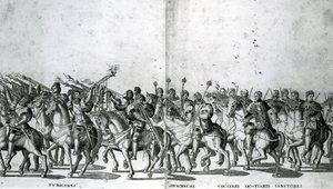 Placa 12 e 13 da entrada do Papa Clemente VII e imperador Carlos V em Bolonha em 24 de fevereiro de 1530, publicado c.1530 de Nicholas Hogenberg