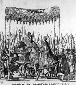 A entrada do Papa Clemente VII e do imperador Carlos V em Bolonha em 24 de fevereiro de 1530, placa 27, c.1530 (detalhe de 472273) de Nicholas Hogenberg
