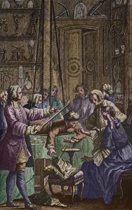 Experimento elétrico feito em um homem por Abbe Jean Antoine Nollet (1700-70) em um gabinete físico, ilustração do frontispício de Essai sur lelectricite des corps por Nollet, publicado em 1746, gravado por de Nicholas Lesueur