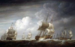 Uma frota de navios indianos, navios britânicos da Companhia de Comércio das Índias Orientais. Óleo sobre tela de Nicholas Pocock