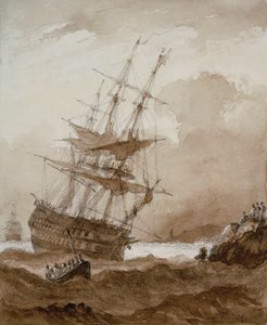 Dois convés num vendaval ao largo da costa, finais do século XVIII a inícios do século XIX (lavagem a castanho) de Nicholas Pocock