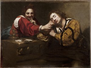 Cena de bonne aventure (un dormeur reveille par une jeune femme) - Fortune Telling Scene (Sleeper Awakened by a Young Woman), de Renieri, Niccolo (Nicolas Regnier) (c. 1590-1667). Óleo sobre tela de Nicholas Renieri