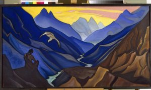 Comando de O Mestre. (Comando de O Mestre). Um homem, sentado em meditação numa paisagem montanhosa do Tibete, é sobrevoado por um grande pássaro branco, de espiritualidade budista. Trabalho de Nicholas Roerich (1874-1947), tempera sobre tela de Nicholas Roerich