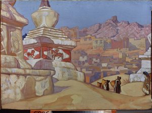 Mensageiro da boa sorte (da sequela Maitreya). O budismo tibetano. Trabalho de Nicholas Roerich (1874-1947), tempera a bordo de Nicholas Roerich