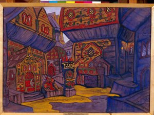 A corte do príncipe Vladimir Galitsky. Decoração para a ópera ""Príncipe Igor"" de Alexandre Borodin (Borodin) (1833-1887) Obra de Nicolas (Nicholas) Roerich (1874-1947), guache e têmpera sobre papel de Nicholas Roerich