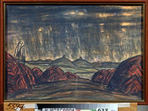 O campo de Polovtsien (ou Couman, Kouman). Decoração preparatória para a ópera Príncipe Igor de Alexandre Borodin (Borodin) (1833-1887). Obra de Nicholas Roerich (1874-1947), pastel sobre cartolina de Nicholas Roerich