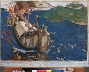 Visitantes ultramarinos Os Varangians (ou Rus) na Rússia. Vikings dinamarqueses e suecos, que percorreram todo o sistema fluvial dos territórios orientais e construíram fortes. Obra de Nicholas Roerich (1874-1947), têmpera sobre papelão de Nicholas Roerich