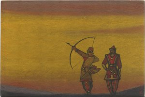 Polovtsianos, um com um arco, figurinos de "Danças Polovtsianas" da ópera de Borodin "Prince Igor", 1943 de Nicholas Roerich