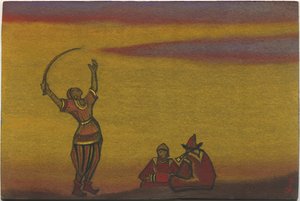 Polovtsianos, um com uma cimitarra, figurino para "Danças Polovtsianas" da ópera de Borodin "Prince Igor", 1943 de Nicholas Roerich