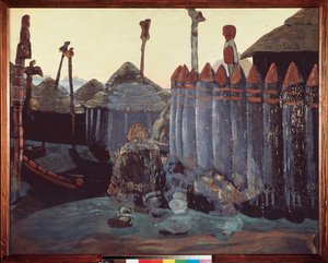Um monte pagão (Idade Média, Ucrânia). Trabalho de Nicolas (Nicholas) Roerich (1874-1947), tempera a bordo de Nicholas Roerich