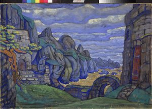 Aldeia junto ao mar. Decoração preparatória para a ópera Tristão e Isolda de Richard Wagner (1813-1883). Trabalho de Nicholas Roerich (1874-1947), guache e tempera a bordo de Nicholas Roerich
