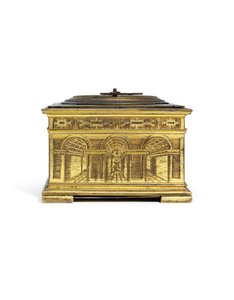 Elizabeth I gravou um impressionante relógio de mesa horizontal, c.1590-1600 (latão dourado) de Nicholas Vallin
