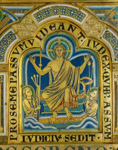 Cristo senta-se para julgar, os santos carregam os objectos da sua paixão ... (esmalte sobre cobre dourado) de Nicholas of Verdun