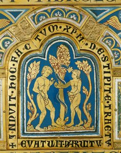 Eva entrega a maçã a Adão ... (esmalte sobre cobre dourado) de Nicholas of Verdun