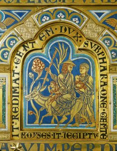 Moisés regressa ao Egito com a sua mulher Zípora e os seus dois filhos ... (esmalte sobre cobre dourado) de Nicholas of Verdun