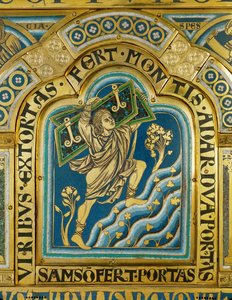 Sansão conquista as portas da cidade de Gaza, Altar de Verdun ... (esmalte sobre cobre dourado) de Nicholas of Verdun