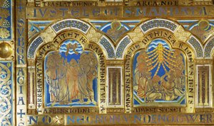 O altar de Verdun. Esquerda: Ascensão de Cristo; ... (placa de esmalte em técnica champsleve sobre cobre dourado) de Nicholas of Verdun