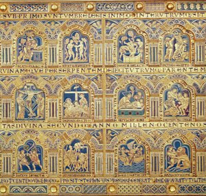 O altar de Verdun, detalhe de painéis decorativos que descrevem cenas bíblicas, 1181 champleve enamelwork