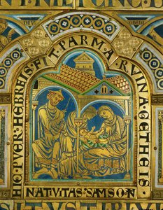 O nascimento de Sansão, Manoá com um chapéu de judeu medieval ... (esmalte sobre cobre dourado) de Nicholas of Verdun