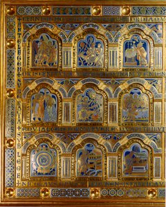 Altar de Verdun feito em ouro e esmalte por Nicolas de Verdun (ca. 1130/50-1205): cenas do Antigo e do Novo Testamento (atravessando o Mar Vermelho, o rei Melquisedec (Melchisedec ou Melchisedec ou Melkisedeq ou Melki-Tsedeq ou Melki Tsedeq), o batismo de 