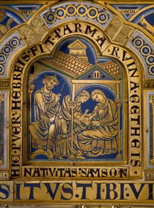 Altar de Verdun feito em ouro e esmalte por Nicolas de Verdun (ca.1130/50-1205): cenas do Antigo e Novo Testamento: detalhe representando o nascimento de Sansão. Século XII Klosterneuburg Viena, Áustria - Altar de Verdun, esmalte em cobre dourado, de Nicol