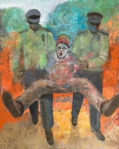 Escolta policial, 2022-23 (óleo sobre tábua) de Nick Williams