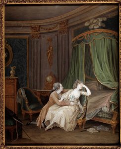 Arrependimento tardio Um homem, provavelmente confessa um infidelito à sua noiva que desmaia. Pintura de Niklas Lavreince (1737-1807) Paris do século XVIII, Musee Cognacq Jay