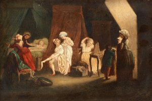A Ascensão dos Trabalhadores da Moda, de Lafrensen, Niklas (Nicolas Lavreince ou Lavrince) (1737-1807). Óleo sobre madeira, tamanho : 27x39, , Colecção privada