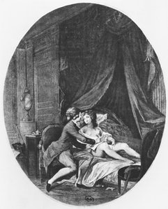 Valmont e Emilie, ilustração de &39;Les Liaisons Dangereuses&39; de Pierre Choderlos de Laclos (1741-1803) gravada por Romain Girard (bc1751) 1782