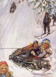 Noruega: Girls on Overturned Sledge, Holmencollen (cor litho) de Nico Jungman