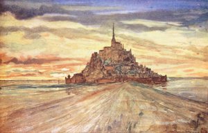 Mont St Michel, pôr do sol (litografia a cores)