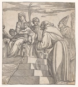 Doge Francesco Donato ajoelha-se perante Maria e Cristo (metade direita) de Nicolò Boldrini (attributed to)