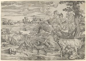 Paisagem com uma leiteira à direita e um menino à esquerda, ca. 1535-40., c. 1535-40.