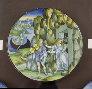 Orfeu e Eurídice às portas do mundo subterrâneo, placa de maiólica, de Nicola Pellipario de Urbino (fl.1510-42), c.1515 de Nicolò Pellipario