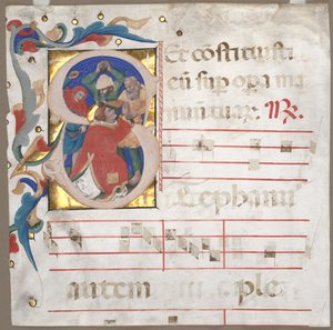 Fragmento de um antifonário com inicial historiada (S): O apedrejamento de Santo Estêvão de Nicolò da Bologna