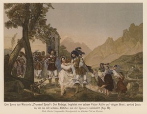 Cenas do romance "I Promessi Sposi" de Alessandro Manzoni (litografia a cores) de Nicola Cianfanelli