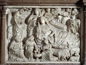 Anunciação e presépio realizado por Nicola Pisano (1215/20-1278/84) (Púlpito de mármore) 1260 Baptistere Saint John of Pisa (Battistero san Giovanni di Pisa), Itália