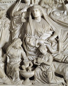 La nativite (natividade) Cadeira realizada por Nicola Pisano (1215/20-1278/84) (Púlpito de mármore) 1260 Baptistere Saint John of Pisa, Itália de Nicola Pisano