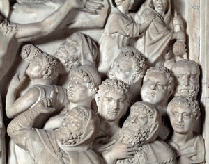 A Cadeira de Pormenor Crucificação realizada por Nicola Pisano (1215/20-1278/84) (Púlpito de mármore) 1260 Baptistere Saint John of Pisa (Battistero san Giovanni di Pisa), Itália de Nicola Pisano