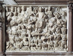 A Cadeira de Juízo Final (Last Judgment) feita por Nicola Pisano (1215/20-1278/84) (Púlpito de mármore) 1260 Baptistere Saint John of Pisa (Battistero san Giovanni di Pisa), Itália