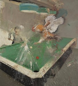 Bilhar com um galo, 2021 (óleo sobre tela) de Nicola Pucci