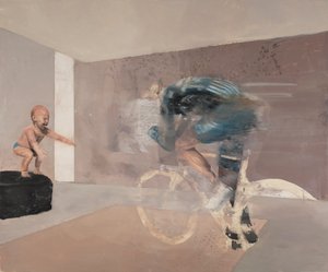 Criança com ciclista, 2019 (óleo sobre tela) de Nicola Pucci