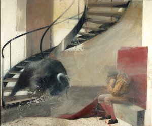 Touro de escada com toureiro I, 2013 (óleo sobre tela)